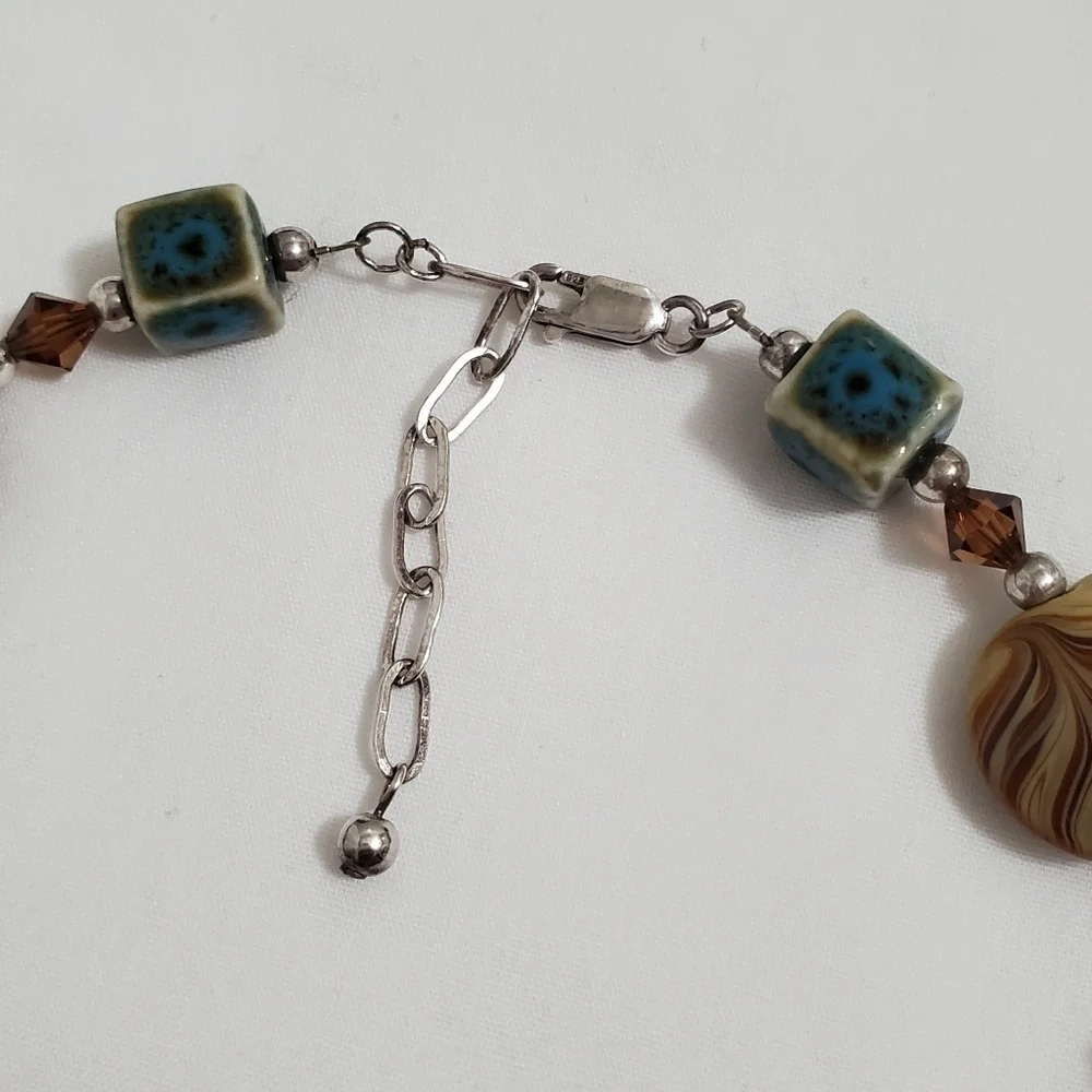 Vintage Orange Brown & Turquoise Color Art Glass & Sterling Silver Necklace